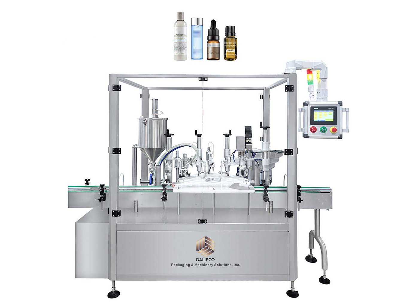 Rotary type bottle filling and capping machine for compact bottling lines